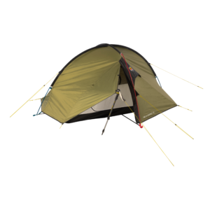 WC-Helm-Compact-2-CO3-3.webp Olive-green freestanding dome tent with a black base and light-grey inner lining, its front vestibule propped open by a trekking pole and secured with several yellow guy lines on a plain white background.