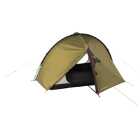 Olive-green dome camping tent with a partially open front door revealing a black inner sleeping area, curved black poles and red pole accents, with "HELM COMPACT 3" printed near the lower edge.