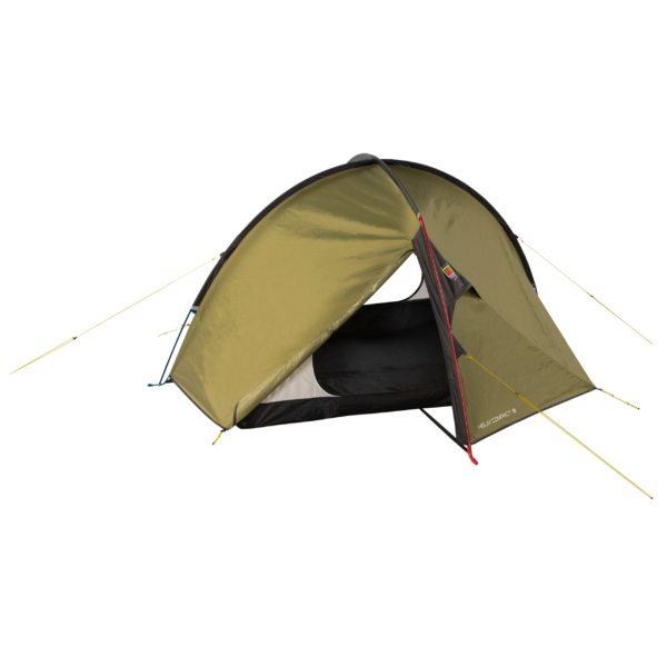 Olive-green dome camping tent with a partially open front door revealing a black inner sleeping area, curved black poles and red pole accents, with "HELM COMPACT 3" printed near the lower edge.