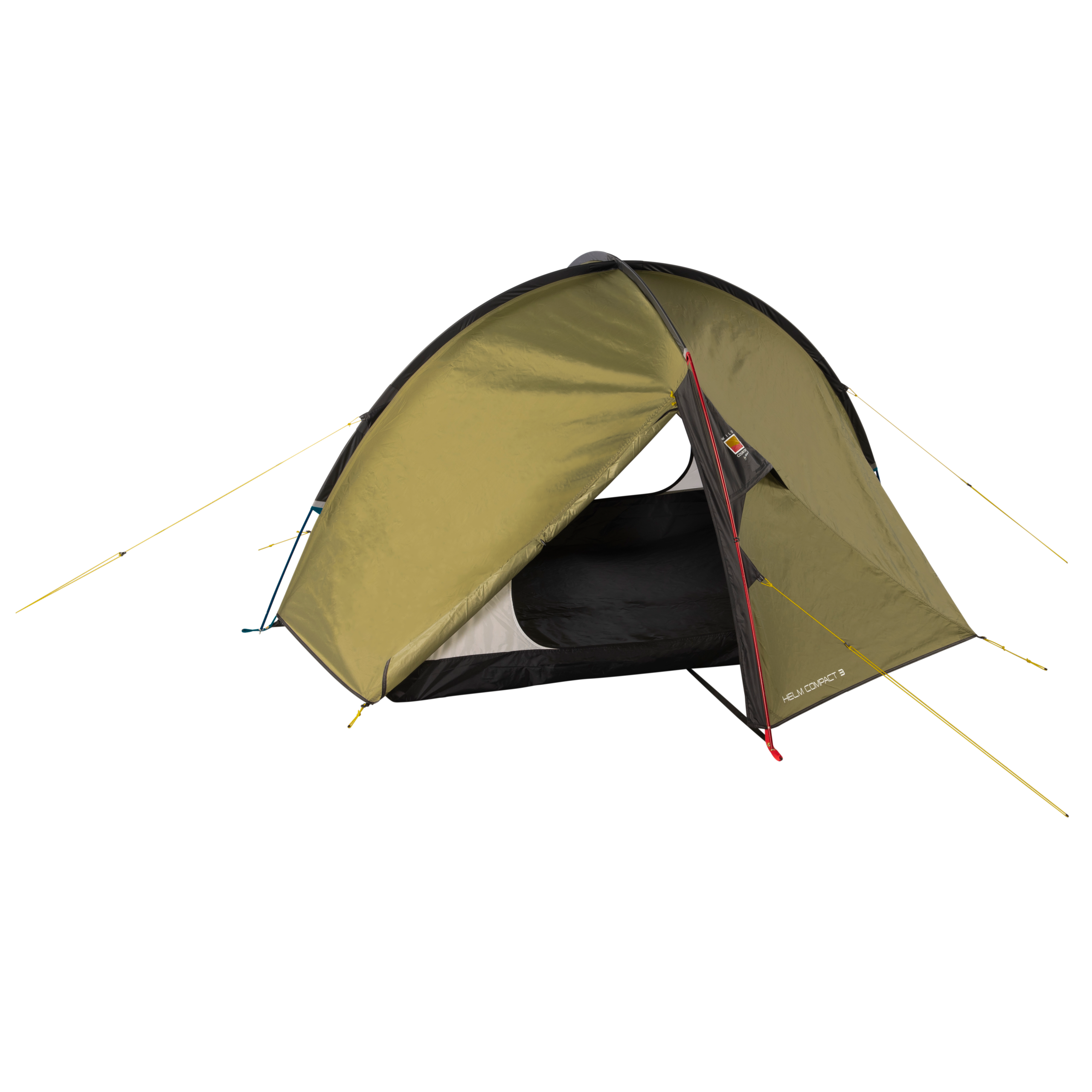 WC-Helm-Compact-3-1-CO-3.webp Olive-green dome camping tent with a partially open front door revealing a black inner sleeping area, curved black poles and red pole accents, with "HELM COMPACT 3" printed near the lower edge.