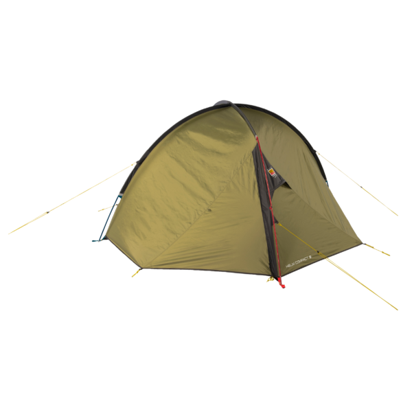 Olive-green three-person dome tent with black trim, a red-zippered door and yellow guy lines staked out, shown isolated on a plain background.