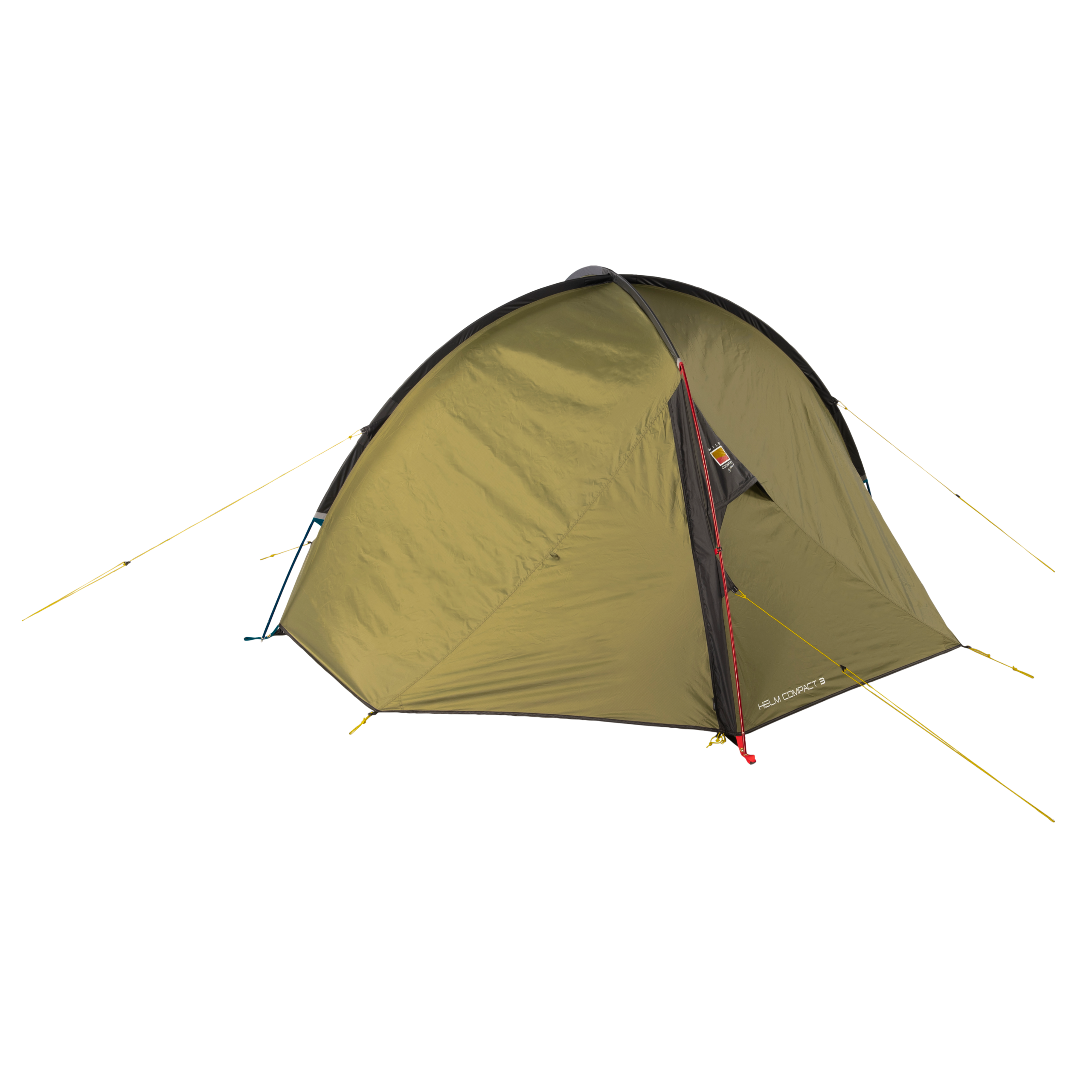 Olive-green three-person dome tent with black trim, a red-zippered door and yellow guy lines staked out, shown isolated on a plain background.