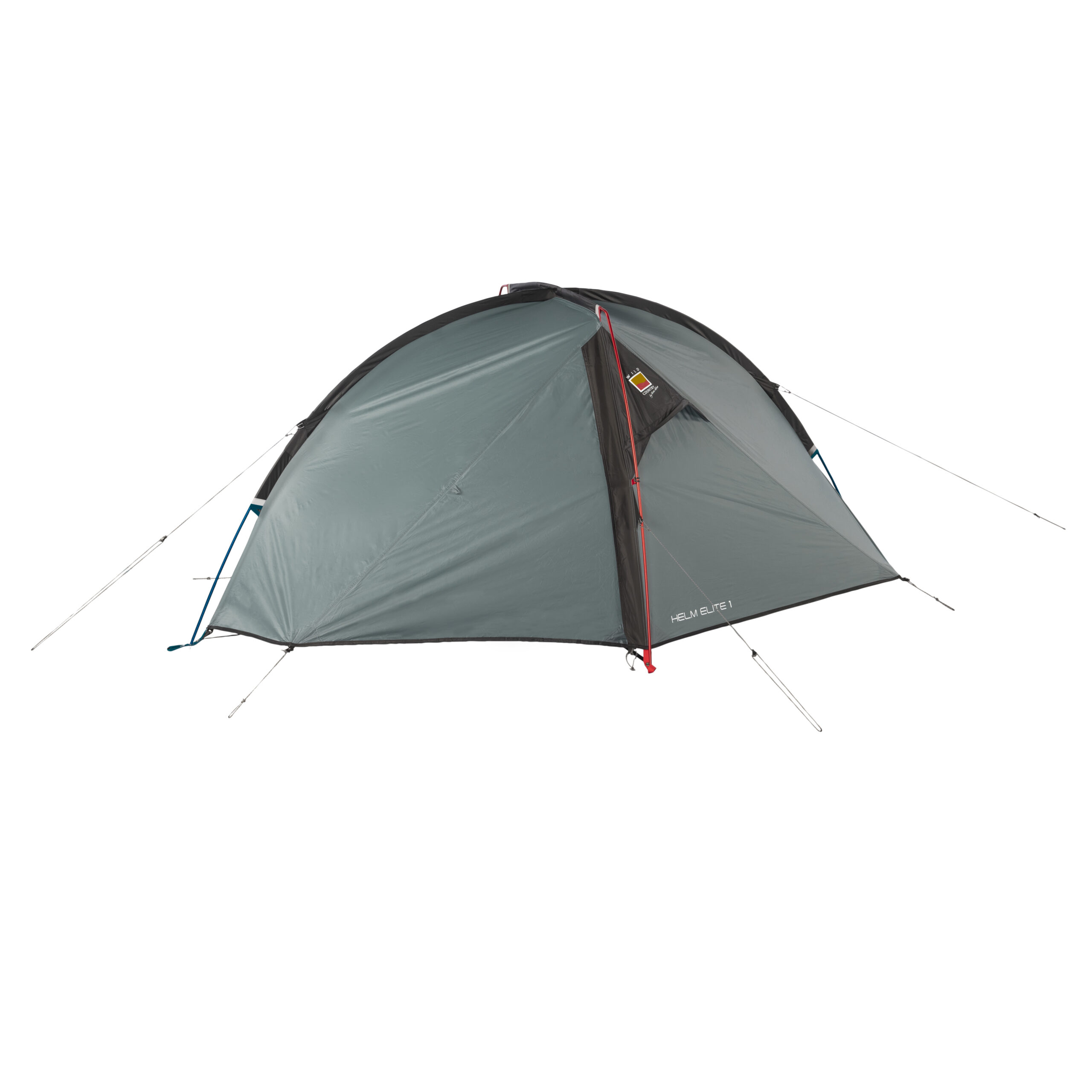 WC-Helm-Elite-1-1-3.jpg Grey dome tent with black trim and a red front pole, taut guy lines and stakes, a small multicolour logo by the entrance and the text 'HELM ELITE 1' printed near the base, shown on a white background.