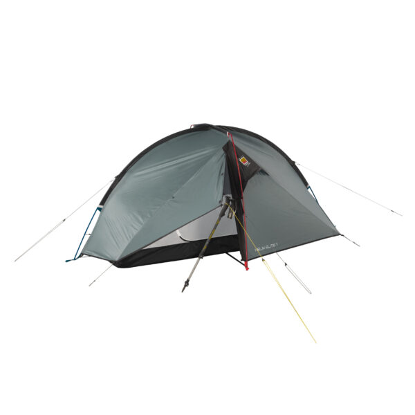 Single-person grey dome tent with an external flysheet, red pole and yellow guy lines staked out, a trekking pole supporting the partially opened front entrance and a black sewn-in groundsheet.