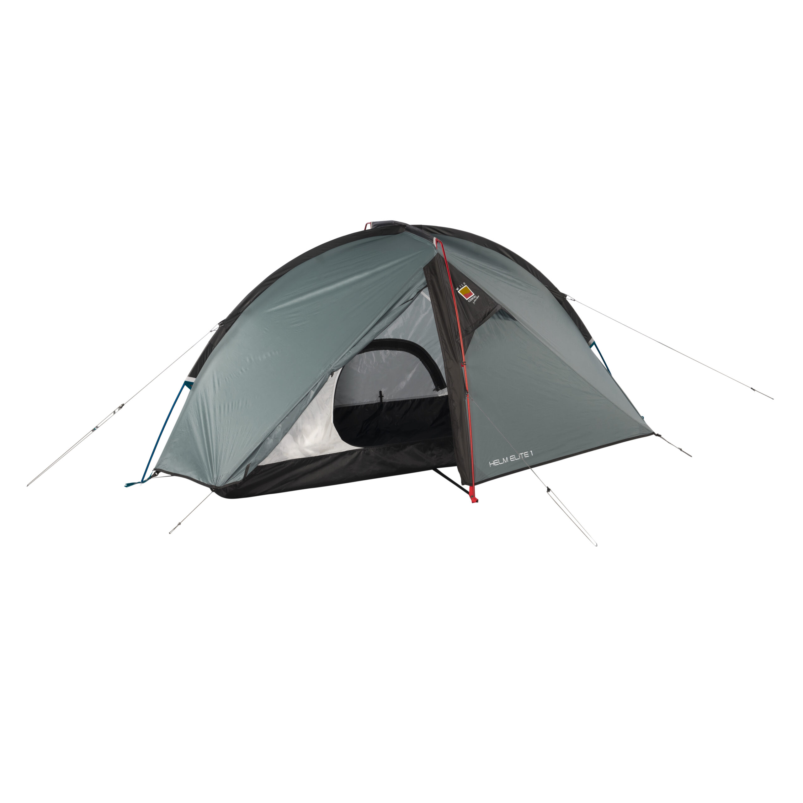 WC-Helm-Elite-1-3-3.jpg Single-person grey dome tent with a black floor and red front pole, partially open mesh door and tensioned guylines on a white background