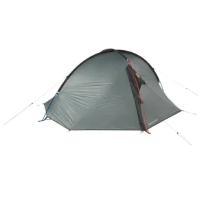 WC-Helm-Elite-2-1-3.jpg Compact two-person freestanding dome tent with a grey rainfly, black and red pole accents, a small front vestibule and tensioned guylines, photographed pitched on a white background.
