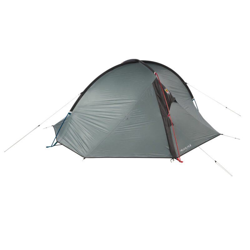 WC-Helm-Elite-2-1-3.jpg Compact two-person freestanding dome tent with a grey rainfly, black and red pole accents, a small front vestibule and tensioned guylines, photographed pitched on a white background.