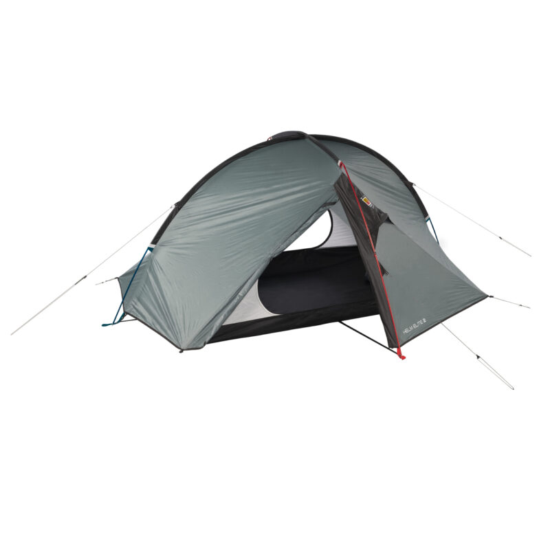 WC-Helm-Elite-2-3-3.jpg Lightweight two-person dome camping tent with a grey flysheet and black floor, front partially open to show the inner mesh sleeping area, supported by crossed poles and taut guy lines with red and blue pole accents.