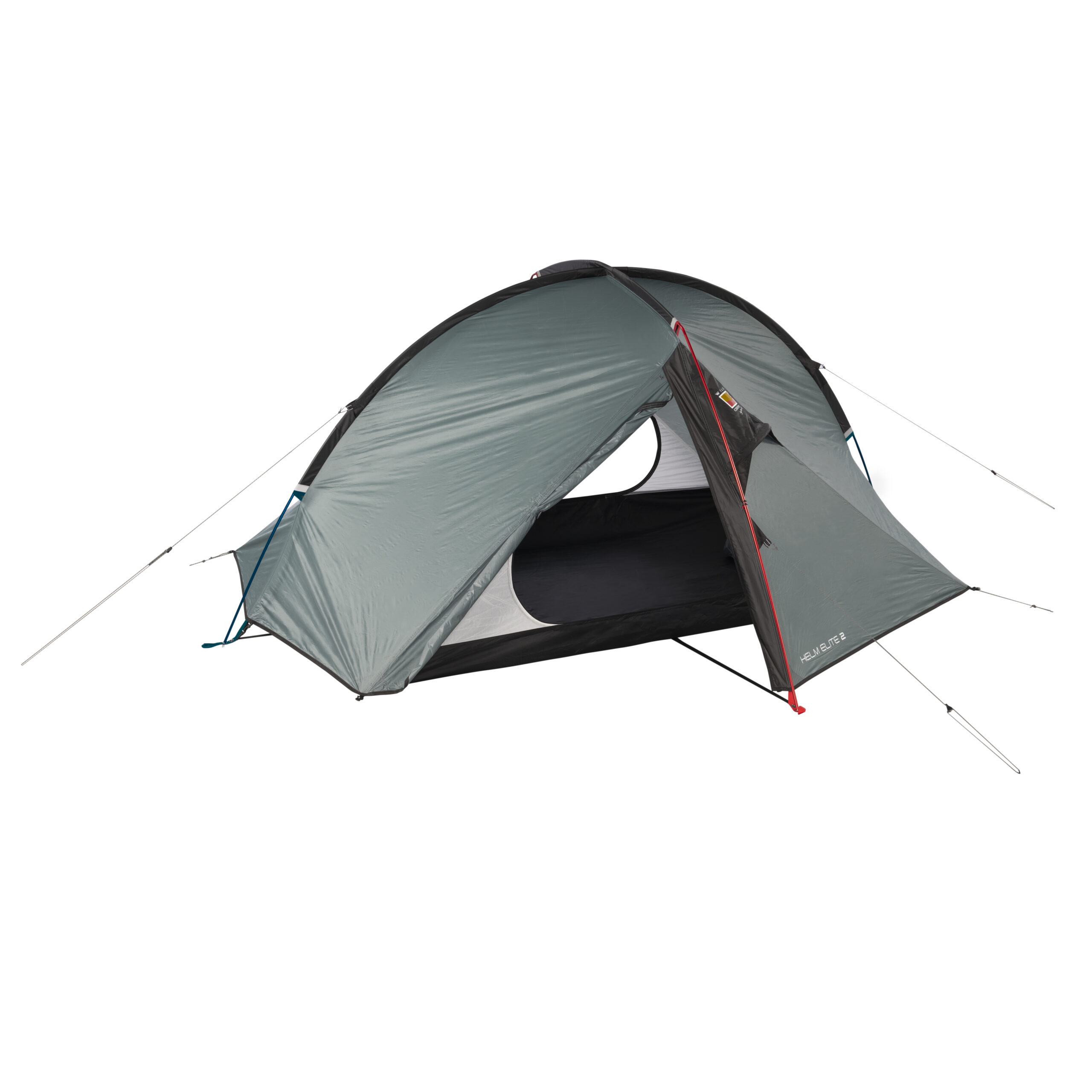 Lightweight two-person dome camping tent with a grey flysheet and black floor, front partially open to show the inner mesh sleeping area, supported by crossed poles and taut guy lines with red and blue pole accents.