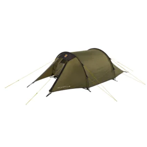 WC-Hoolie-Compact-2-1-scaled-2.jpg Olive-green tunnel-style two-person tent with a small front awning and black poles, secured by yellow guy lines on a plain white background.
