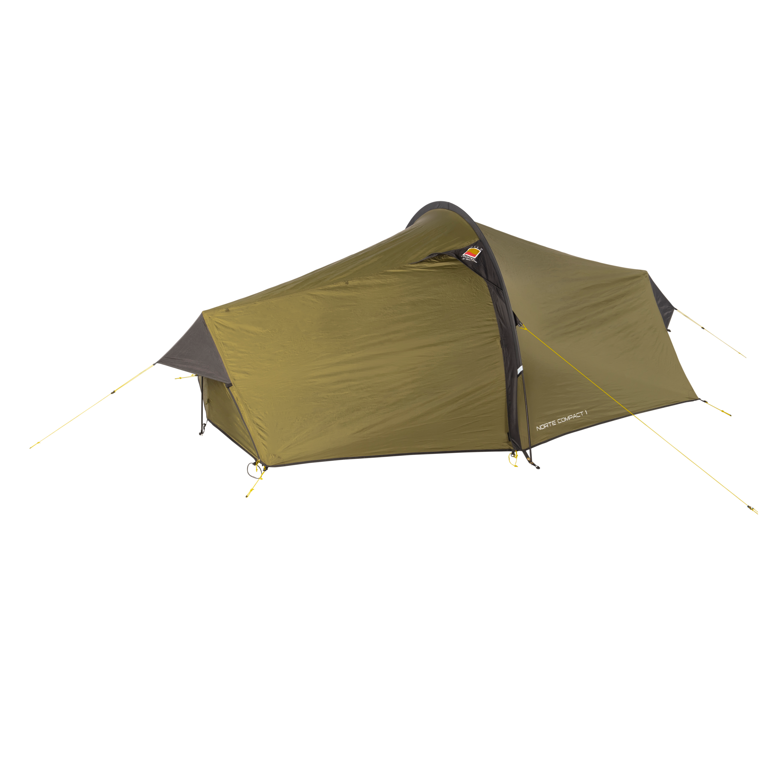 WC-Norte-Compact-1-CO1-3.webp Olive-green single-person tunnel tent with a black arched pole, taut yellow guy lines and a small logo, displayed against a white background.