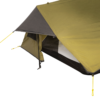 Close-up of an olive-green camping tent showing the rainfly and a partially open vestibule revealing the inner mesh tent, with grey trim and bright yellow guylines and tension loop.