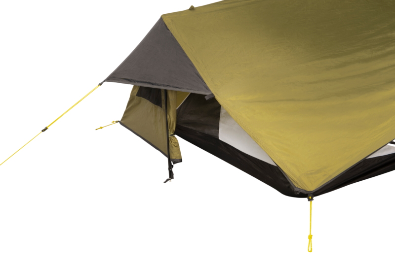 Close-up of an olive-green camping tent showing the rainfly and a partially open vestibule revealing the inner mesh tent, with grey trim and bright yellow guylines and tension loop.