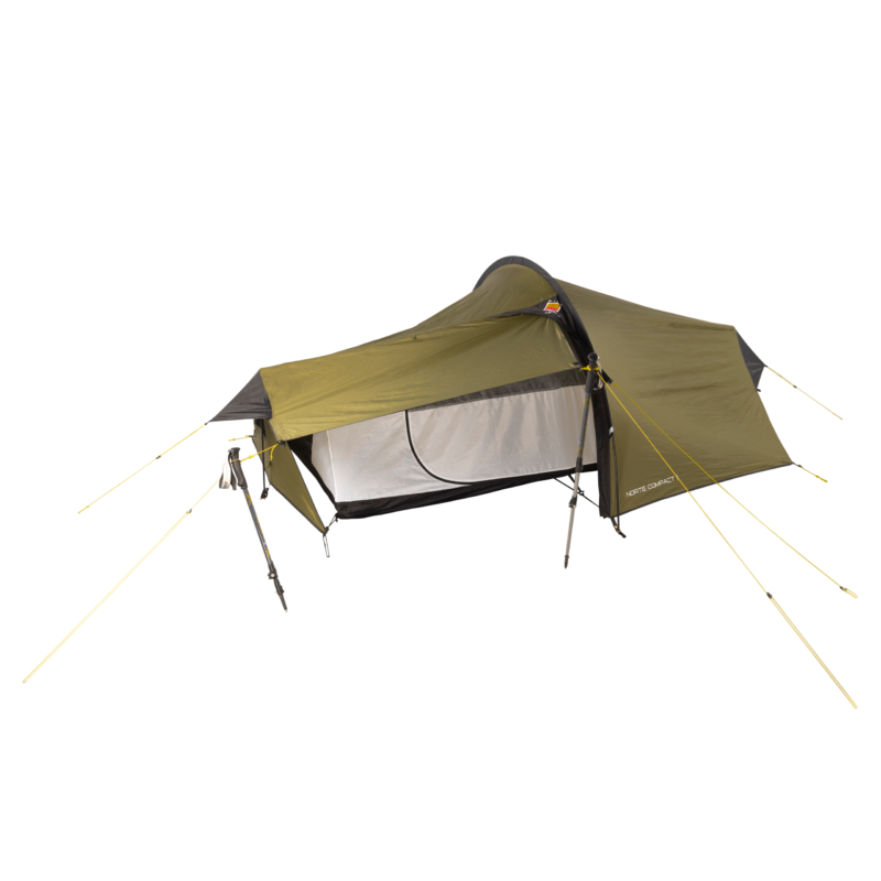 Olive-green single-person tunnel tent with grey mesh inner, black trim and yellow guy lines, propped open with trekking poles on a white background