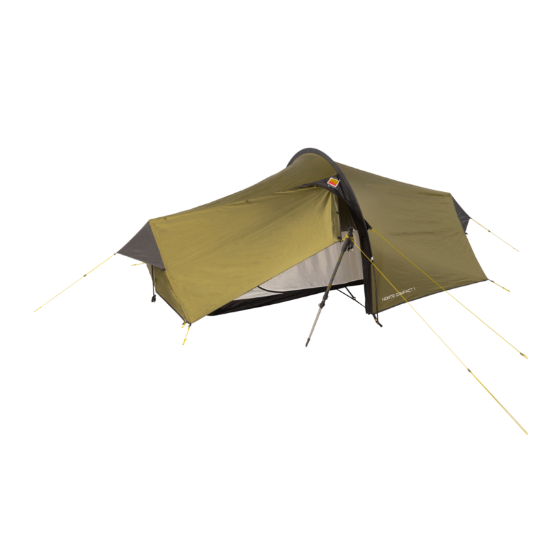 Olive-green single-person tunnel tent with a low-profile single-pole arch and extended awning propped by a trekking pole, grey trim, yellow guy lines and a visible mesh inner tent.