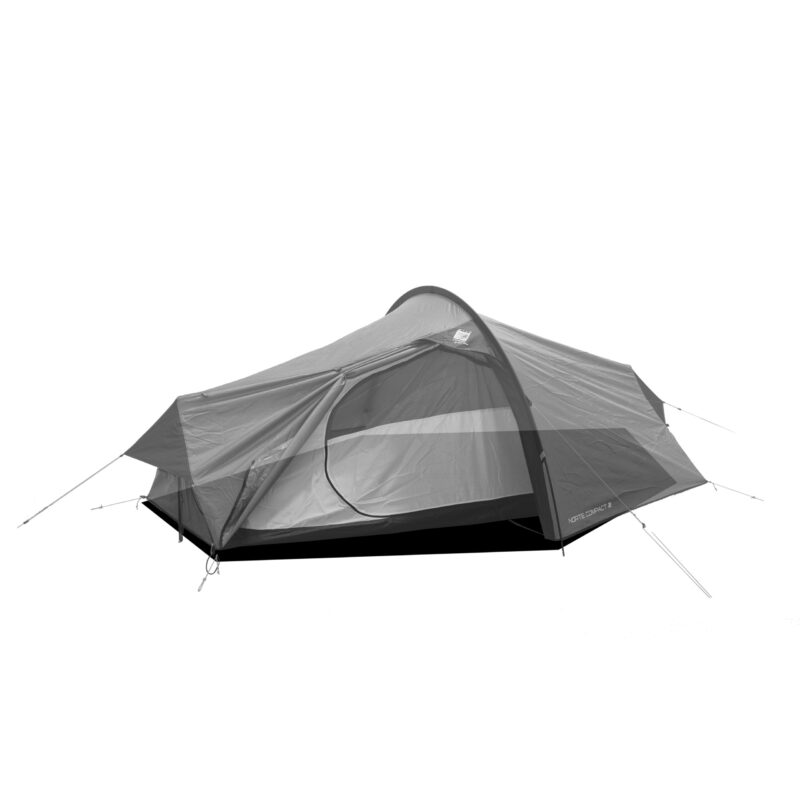 WC_-Norte_Compact2_FP-scaled-4.jpg Lightweight two-person tunnel tent with a rounded pole arch, grey rainfly partially opened to reveal a mesh inner door, black bathtub floor and tensioned guy lines staked out.
