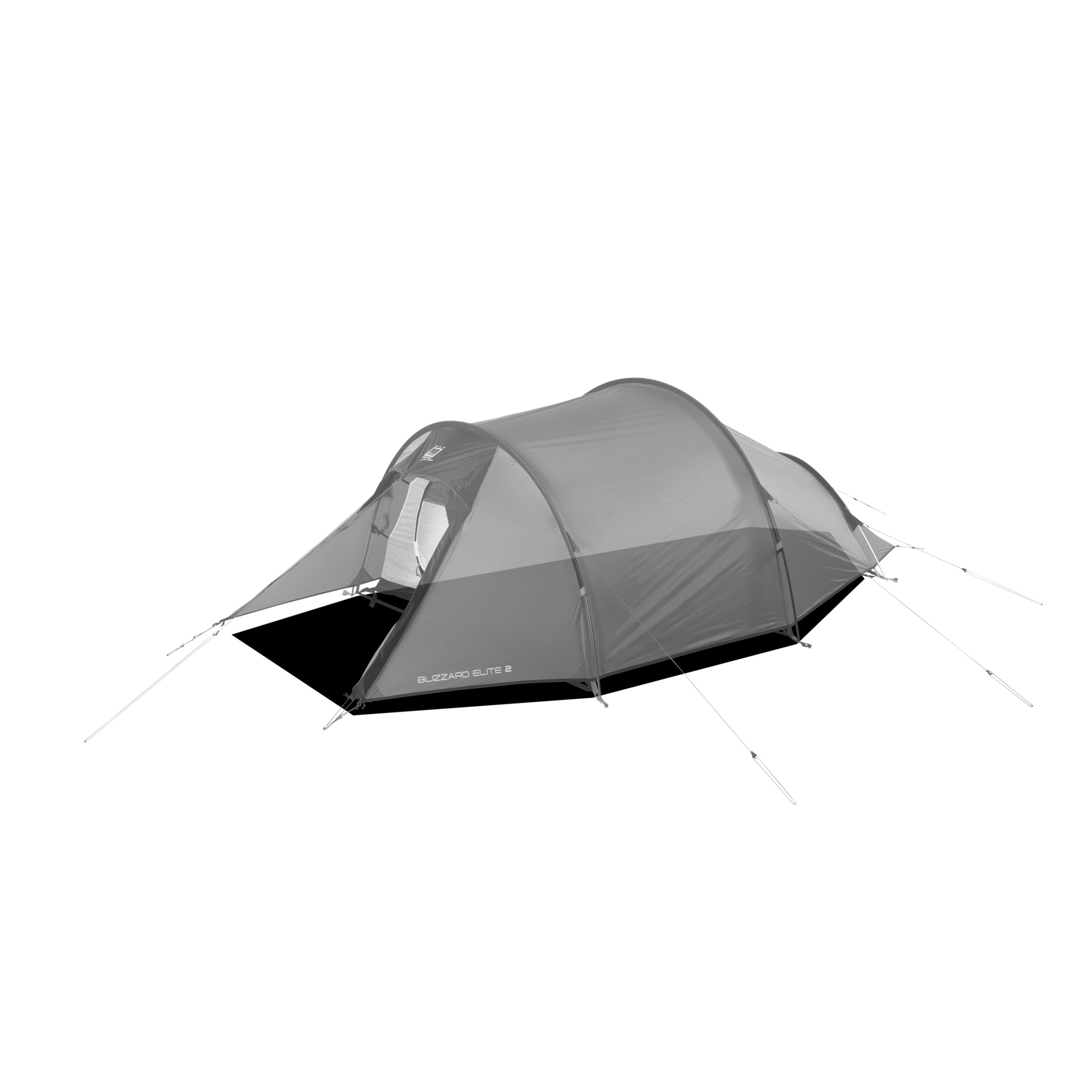 Low-profile grey tunnel tent with three curved poles and staked guy lines, a small front vestibule and partially open zippered entrance over a black groundsheet labeled Blizzard Elite 2