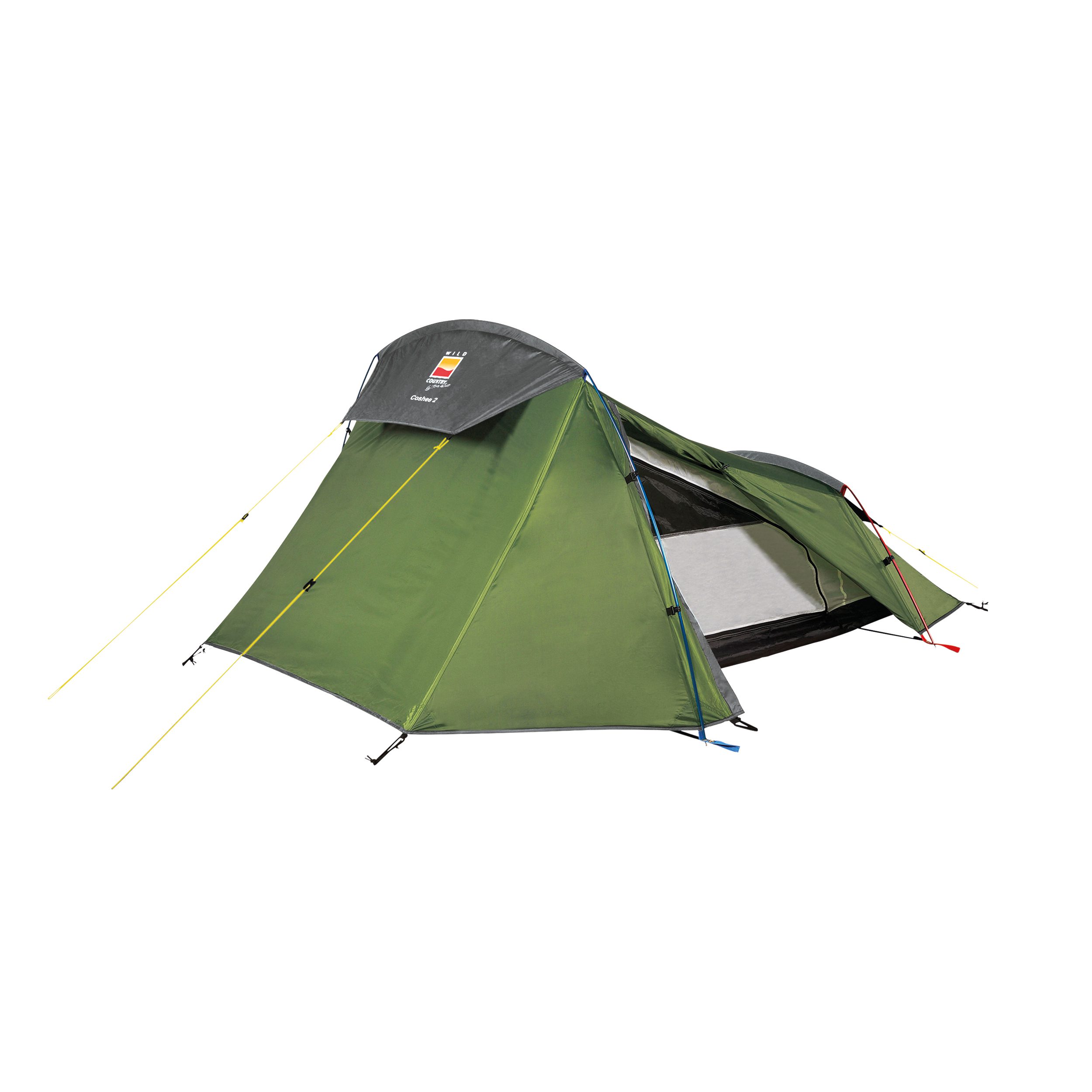 WC_Coshee-2-3.jpg Green two-person tent with a grey rainfly, yellow guy lines and blue and red pole accents, one side open to reveal the inner mesh and grey groundsheet against a plain white background
