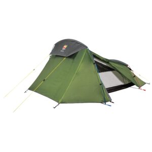 Green two-person hiking tent with a grey rainfly, yellow guylines and coloured pole accents, side door partially open to show inner mesh and black groundsheet