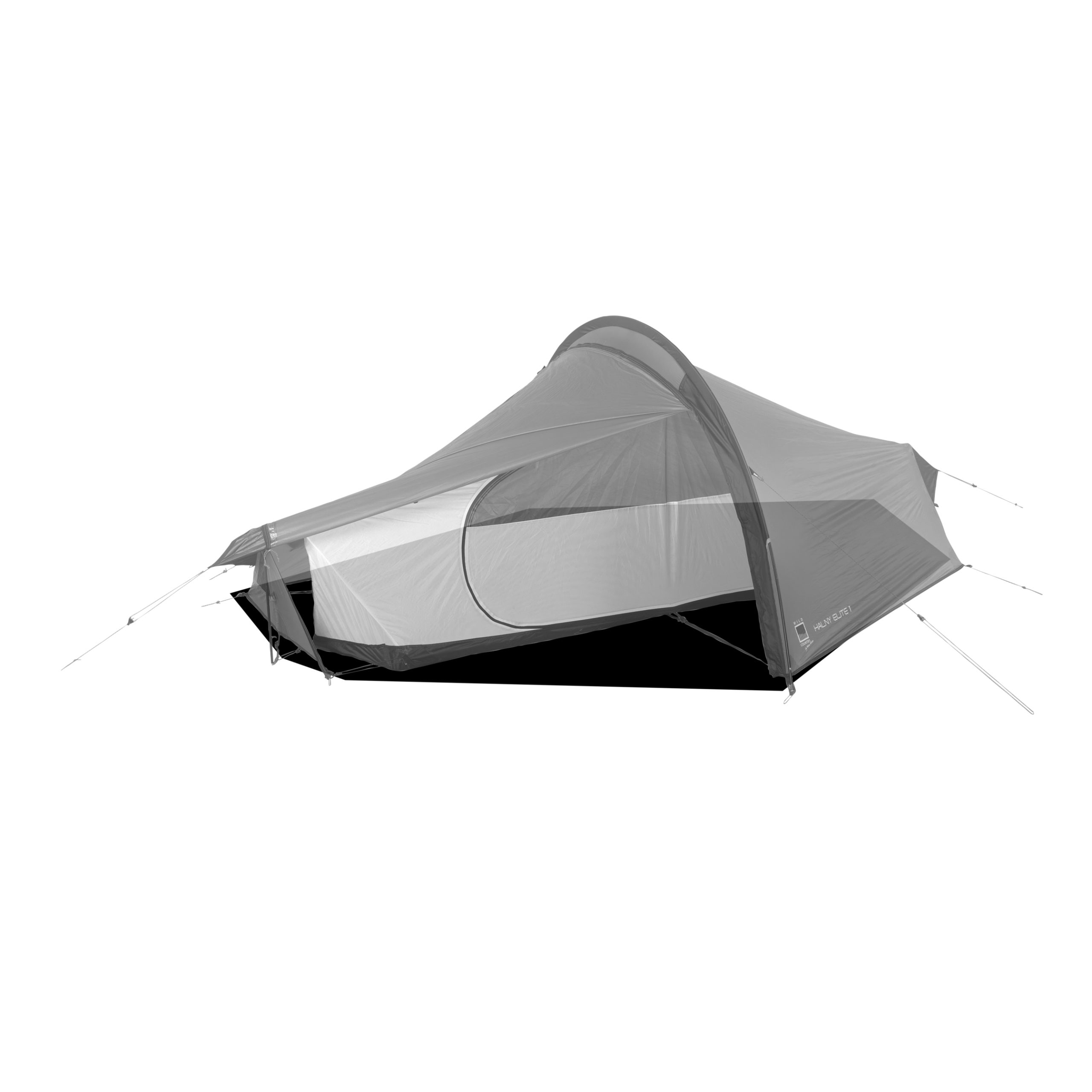 Low-profile single-person backpacking tent with a single arched pole, side zip door and tapered footbox, featuring an extended vestibule and multiple external guy lines, shown fully pitched.