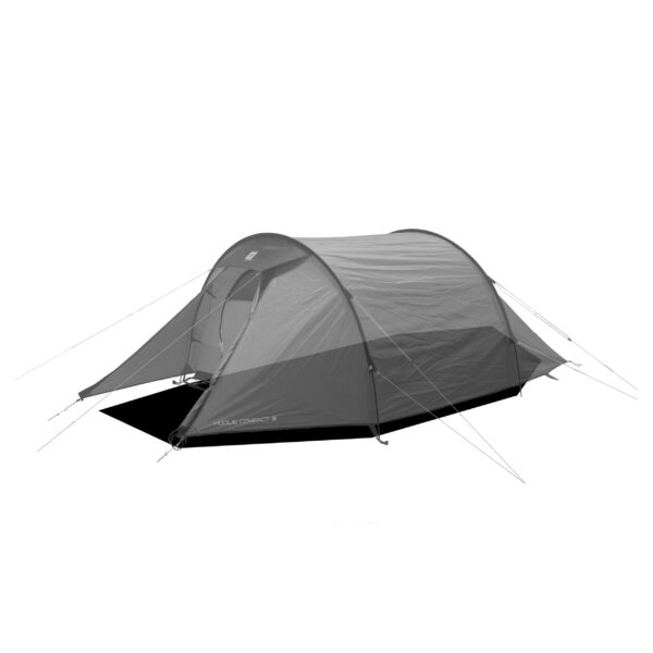 Grey three-person tunnel tent with a covered front vestibule, arched poles and multiple guy lines staked out, photographed on a plain white background.