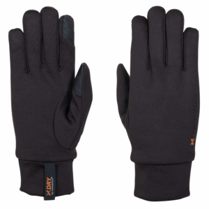 Pair of black insulated gloves laid flat, each with reinforced touchscreen-friendly thumb and index tips, snug ribbed cuffs and a small orange "DRY" brand tag on one cuff.