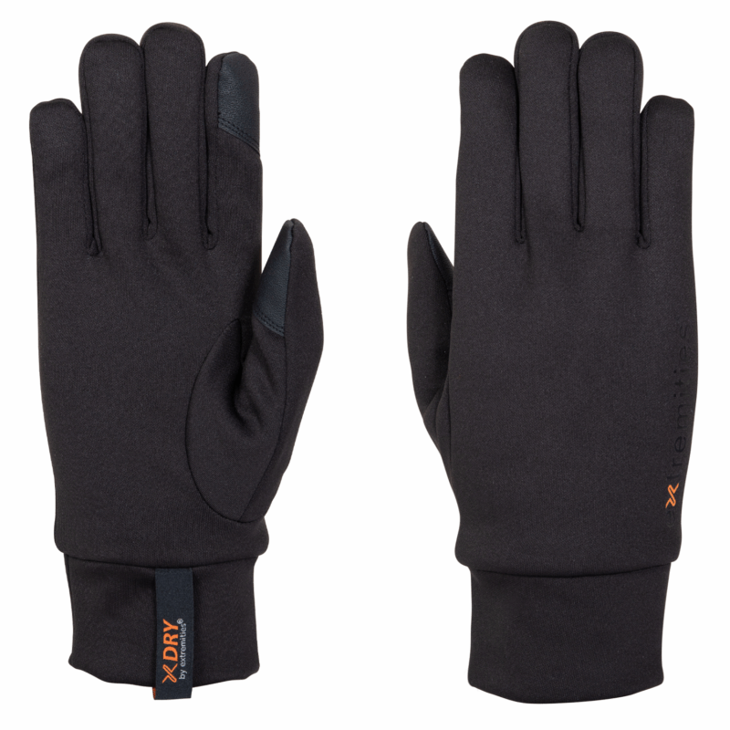 Pair of black insulated gloves laid flat, each with reinforced touchscreen-friendly thumb and index tips, snug ribbed cuffs and a small orange "DRY" brand tag on one cuff.