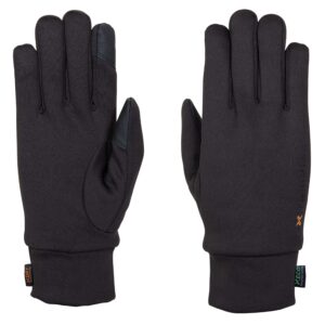 Pair of black winter gloves laid flat on a white background — the left glove shows the palm with reinforced touchscreen patches on the thumb and index finger, the right glove shows the back with a low-profile cuff and small fabric tags.