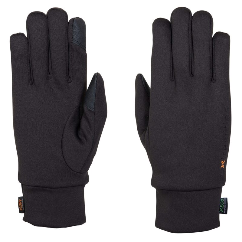Waterproof-Power-Liner-scaled-4.jpg Pair of black winter gloves laid flat on a white background — the left glove shows the palm with reinforced touchscreen patches on the thumb and index finger, the right glove shows the back with a low-profile cuff and small fabric tags.