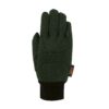 Single dark green insulated glove, back facing up, with stitched paneling, a black elastic knit wrist cuff and a small orange "XDRY" fabric tag at the side.