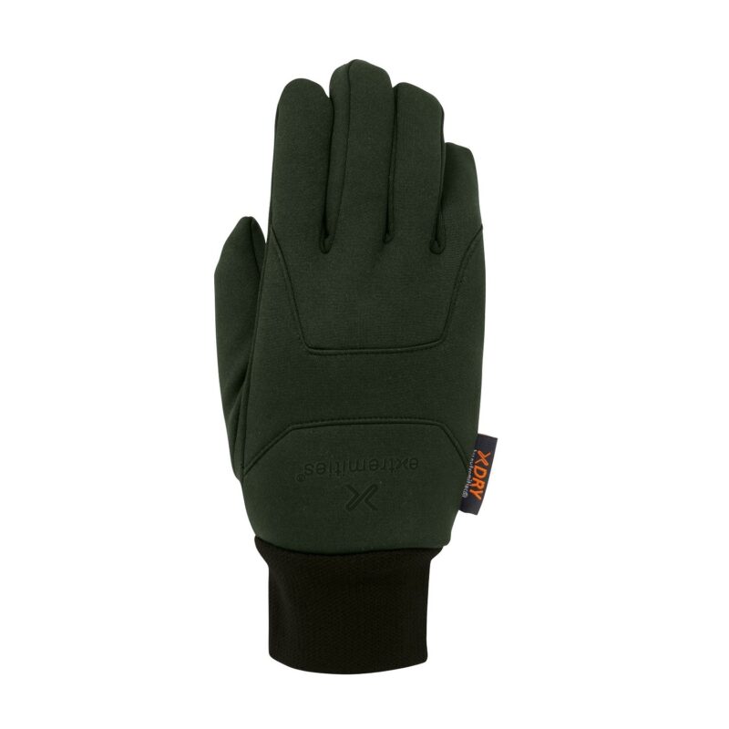 Single dark green insulated glove, back facing up, with stitched paneling, a black elastic knit wrist cuff and a small orange "XDRY" fabric tag at the side.