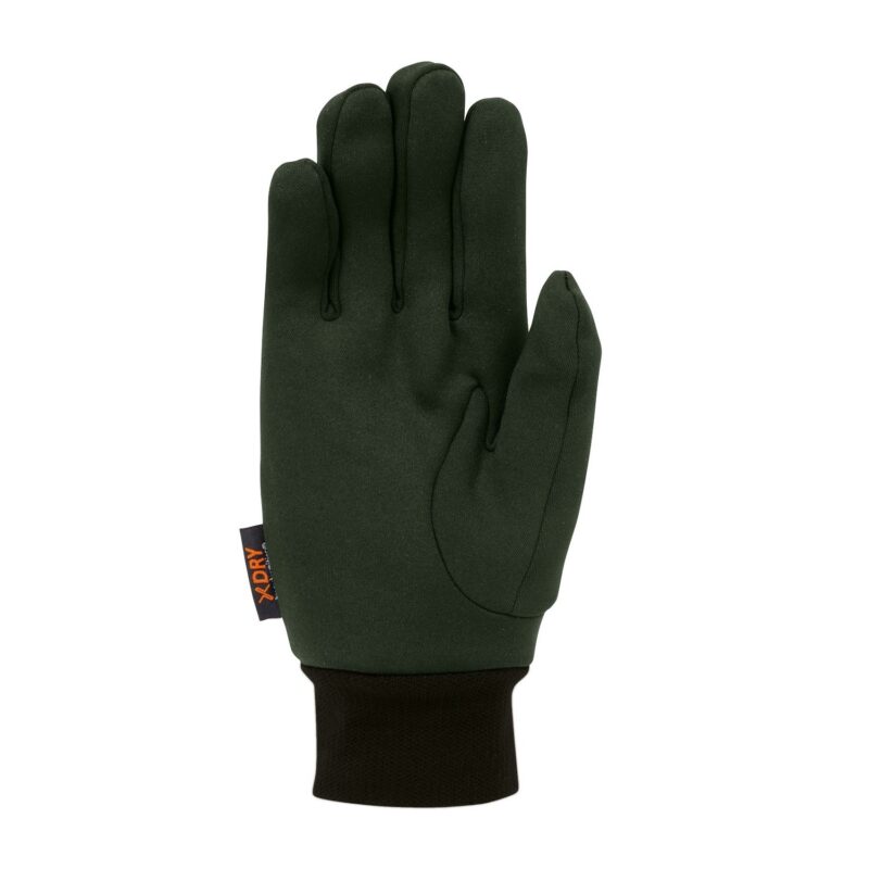 Dark green five-finger glove shown palm-up with stitched finger seams, black elasticated cuff and a small black tag reading X-DRY.