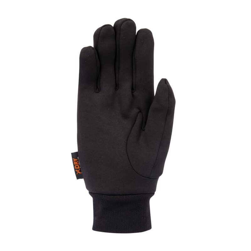 Black glove shown palm-side up with five fingers extended, ribbed elastic wrist cuff and small orange XDRY fabric tag at the side
