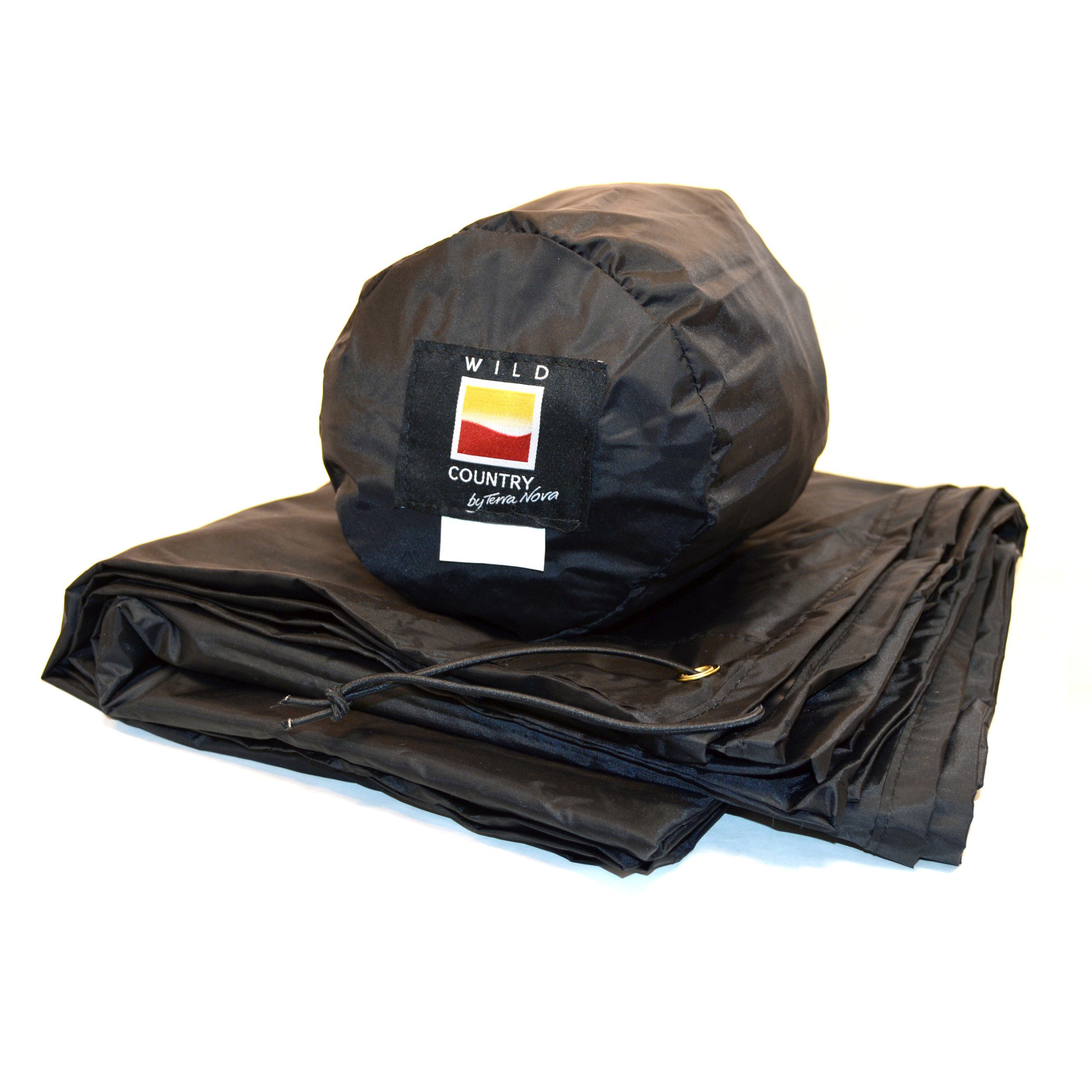 Wild-Country-Footprint-2500x2500px-300dpi-3.jpg Folded black waterproof groundsheet with a matching cylindrical stuff sack displaying a square 'WILD COUNTRY by Terra Nova' logo patch.