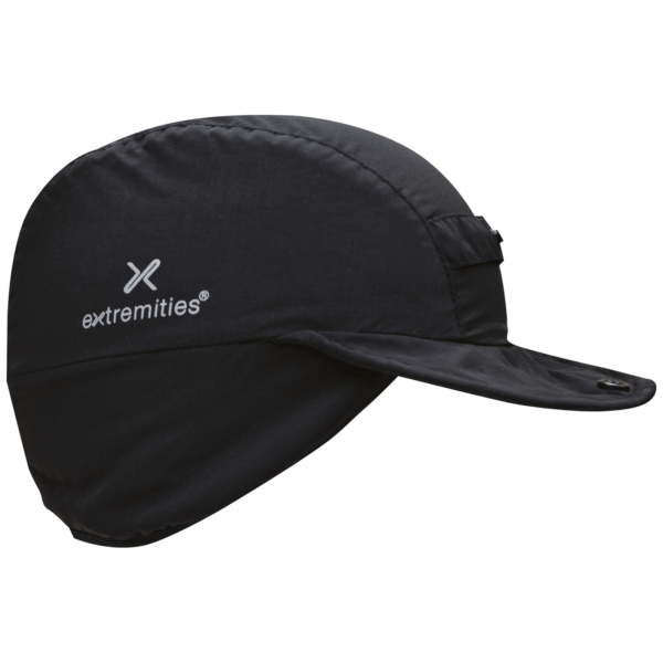 Winter-Cap-Cut-Out-1500x1500-1-1.png Black Extremities branded cycling cap with a short curved peak, full-coverage ear flap, visible stitched seams and a small adjustment tab on the side