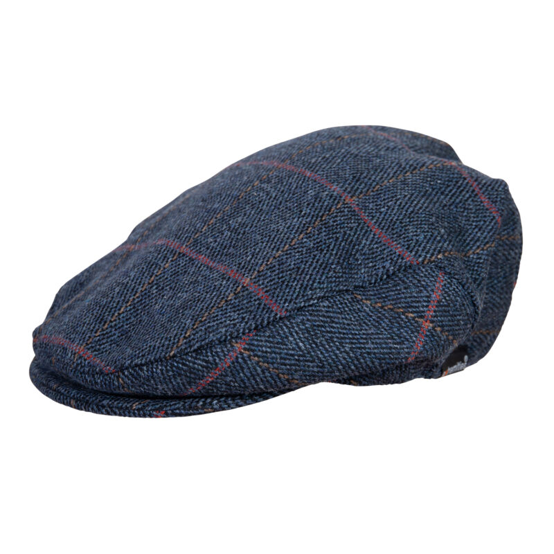 Woburn-Flat-Cap-Blue-300dpi-1.jpg Blue tweed flat cap with a textured herringbone weave and red and tan windowpane checks, low-profile rounded crown and short curved front brim