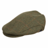 Green tweed flat cap with a subtle orange and red windowpane check, textured wool fabric and short front brim, shown on a white background