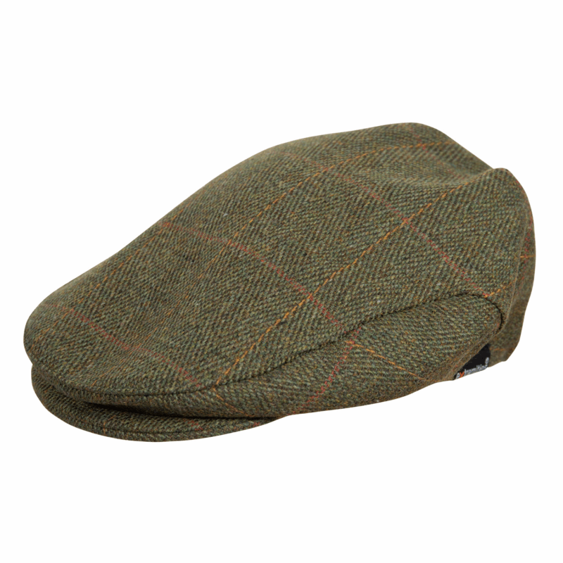Woburn-Flat-Cap-Dark-Tweed_1500px_300dpi-1.png Green tweed flat cap with a subtle orange and red windowpane check, textured wool fabric and short front brim, shown on a white background