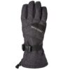Dark grey insulated winter glove with long gauntlet, adjustable black wrist strap and buckle, and "extremities" logo on the back.
