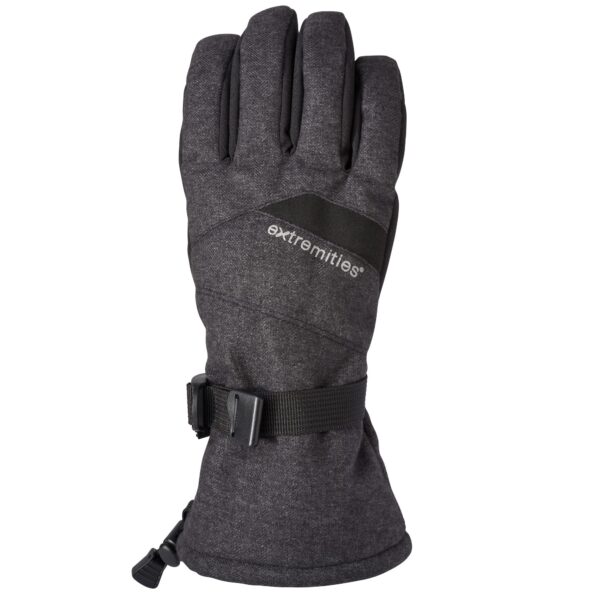 Dark grey insulated winter glove with long gauntlet, adjustable black wrist strap and buckle, and "extremities" logo on the back.