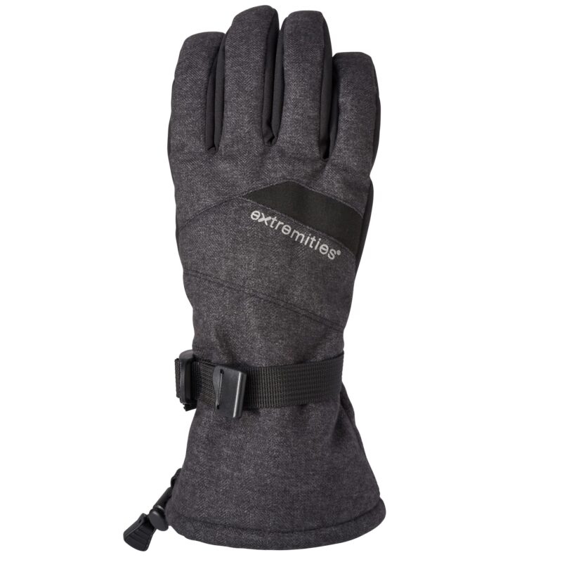 Woodbury-Glove-Back-1.jpg Dark grey insulated winter glove with long gauntlet, adjustable black wrist strap and buckle, and "extremities" logo on the back.