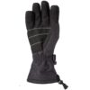 Dark grey and black insulated winter glove with five fingers, padded black palm showing three white horizontal stitch lines and a reinforced thumb panel, elasticated wrist, buckle strap and adjustable drawcord on an extended gauntlet cuff against a white background.