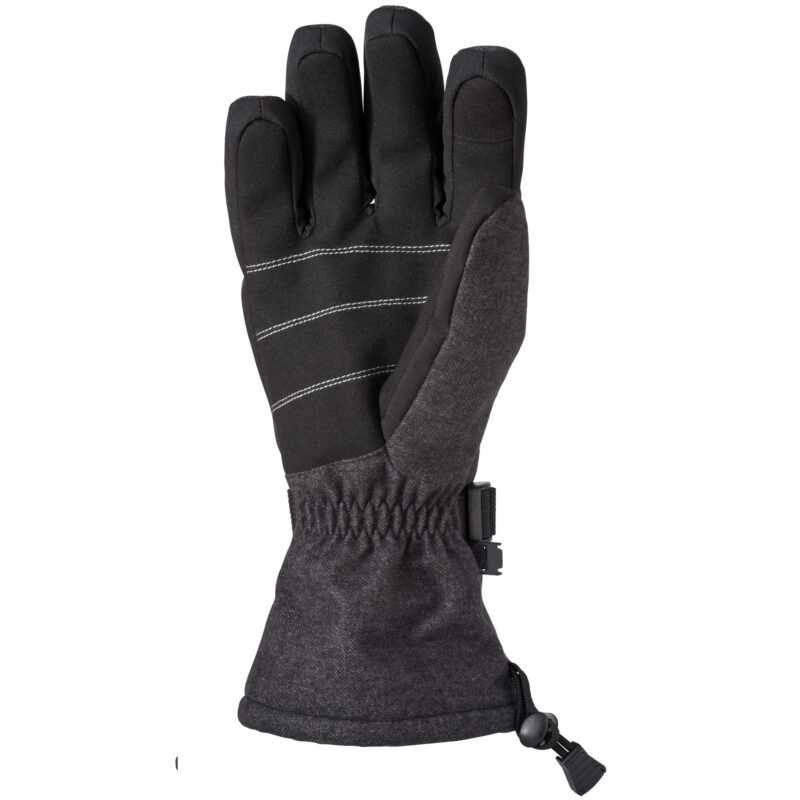 Woodbury-Glove-Palm-1.jpg Dark grey and black insulated winter glove with five fingers, padded black palm showing three white horizontal stitch lines and a reinforced thumb panel, elasticated wrist, buckle strap and adjustable drawcord on an extended gauntlet cuff against a white background.