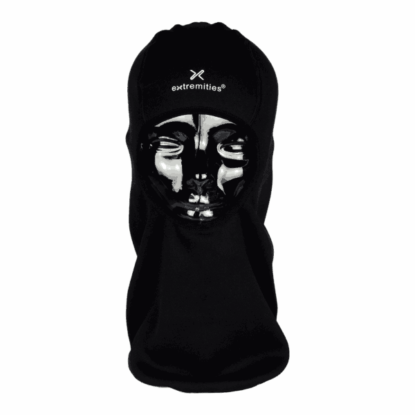 X-Therm-Balaclava_1500px_72dpi-3.png Black full-coverage balaclava extending over the neck with a round face opening showing a glossy black mannequin face and a small white extremities logo and symbol on the forehead, photographed on a plain white background.