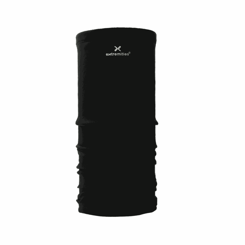 X-Therm-Neck-Warmer-01-3.png Black tubular neck gaiter made of smooth fabric with a small white Extremities logo near the top and gentle horizontal gathers toward the lower half.