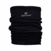 Black fleece tubular neck warmer with ruched folds and a white "extremities" wordmark and stylised X logo near the top, shown against a white background.