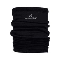Black fleece tubular neck warmer with ruched folds and a white "extremities" wordmark and stylised X logo near the top, shown against a white background.
