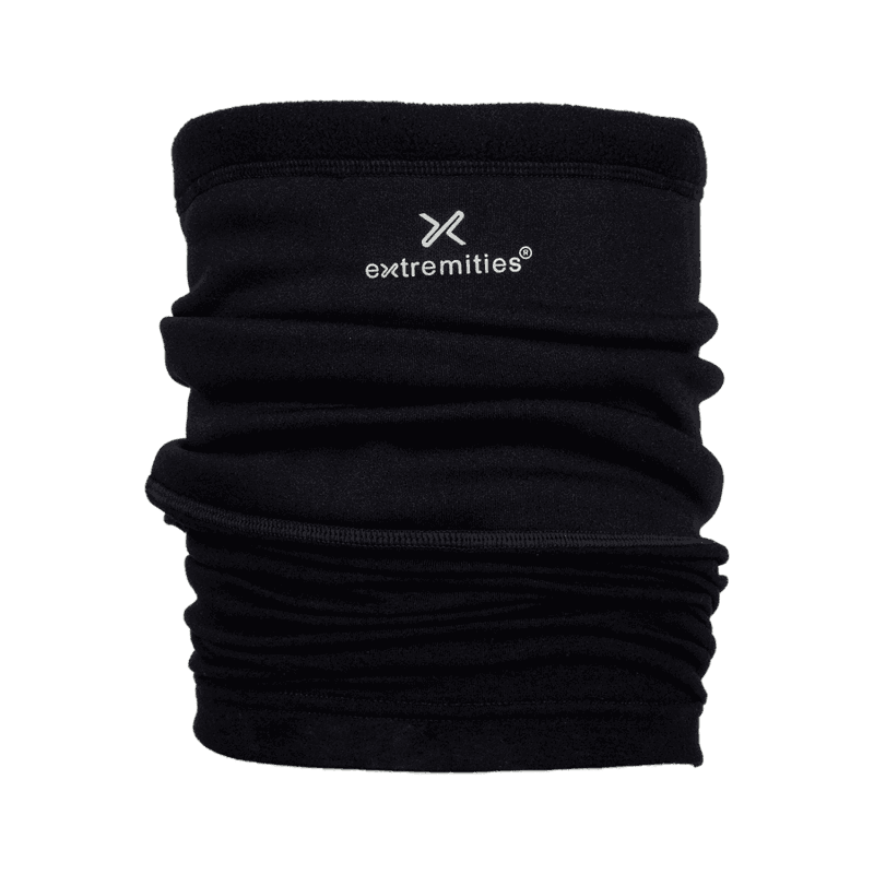 X-Therm-Neckwarmer_1500px_300dpi-3.png Black fleece tubular neck warmer with ruched folds and a white "extremities" wordmark and stylised X logo near the top, shown against a white background.