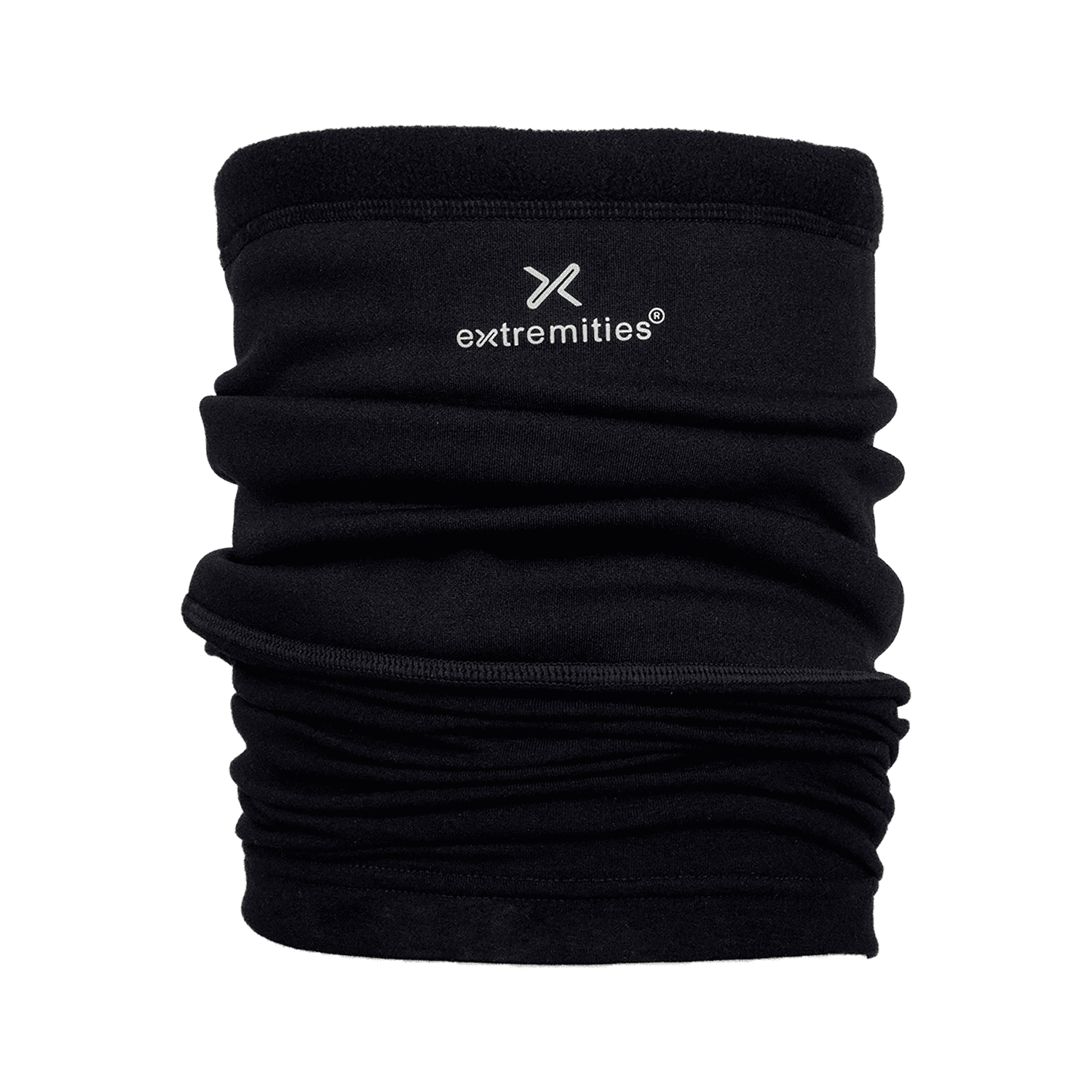Black fleece tubular neck warmer with ruched folds and a white "extremities" wordmark and stylised X logo near the top, shown against a white background.