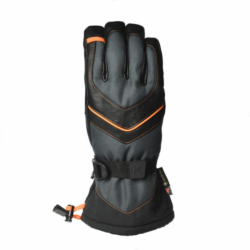 Zenith-Back-1500x1500-1-1.png Long-cuff black and dark-grey insulated ski glove with orange piping, leather-reinforced finger panels, adjustable wrist strap and visible Gore‑Tex tag.